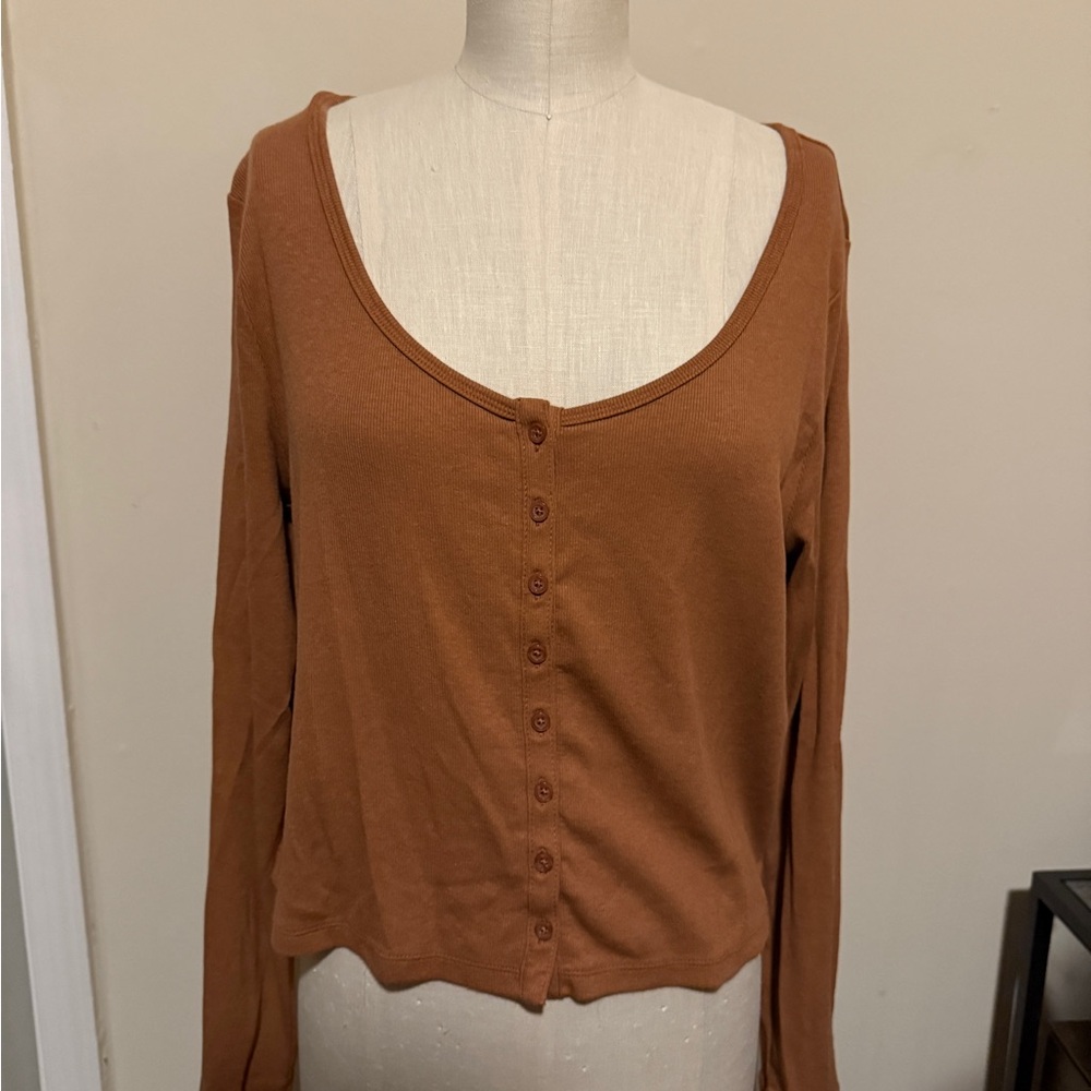 A New Day Brown Long Sleeve Crop Button Down Shirt